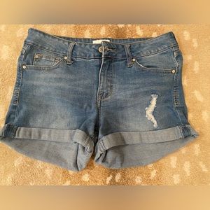 Medium wash “short” denim shorts